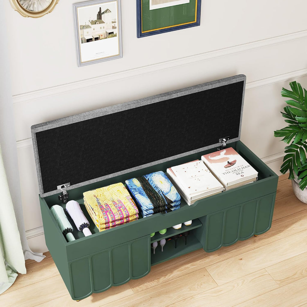 3More 40" Entryway Shoe Storage Bench,Upholstered Hidden Space Beneath Seat Cushion Bench,2-Tier Unique Geometric Shape with Wood Grain,Green