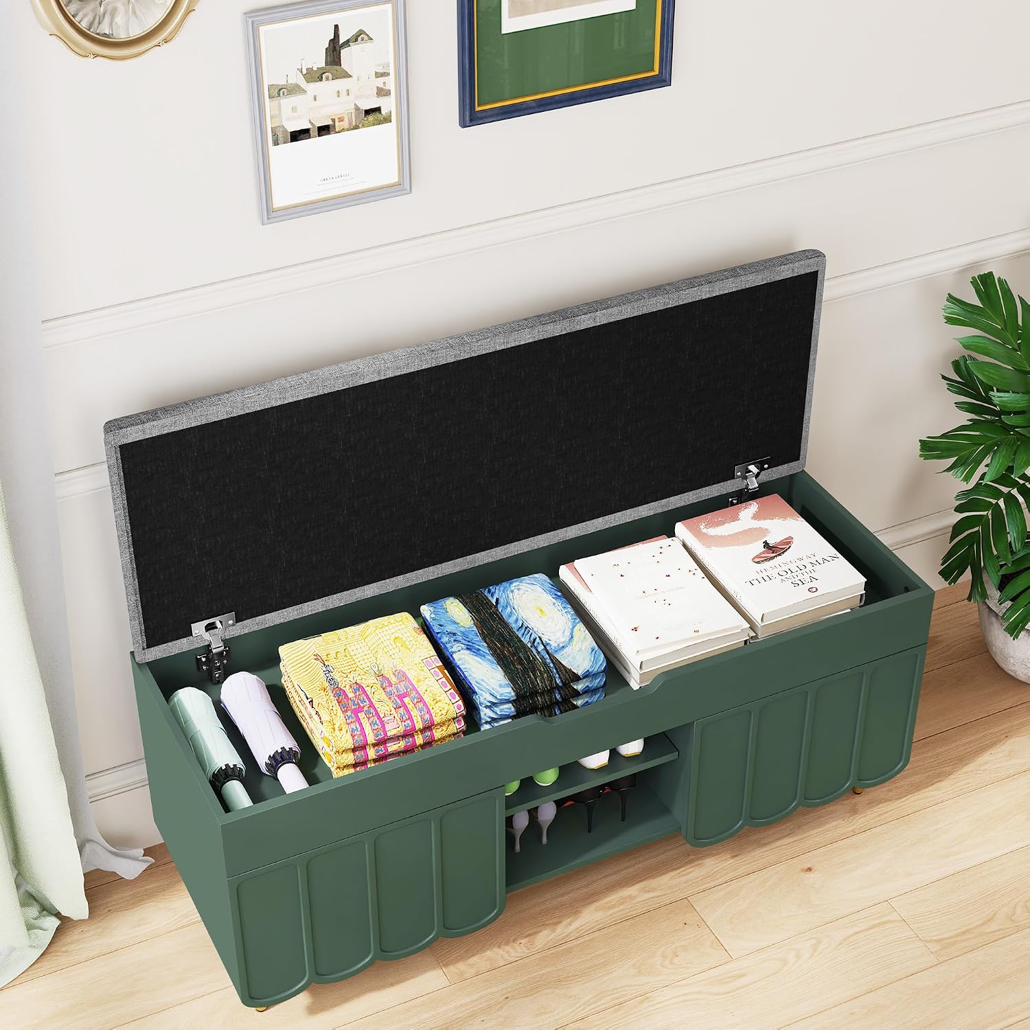 3More 40" Entryway Shoe Storage Bench,Upholstered Hidden Space Beneath Seat Cushion Bench,2-Tier Unique Geometric Shape with Wood Grain,Green