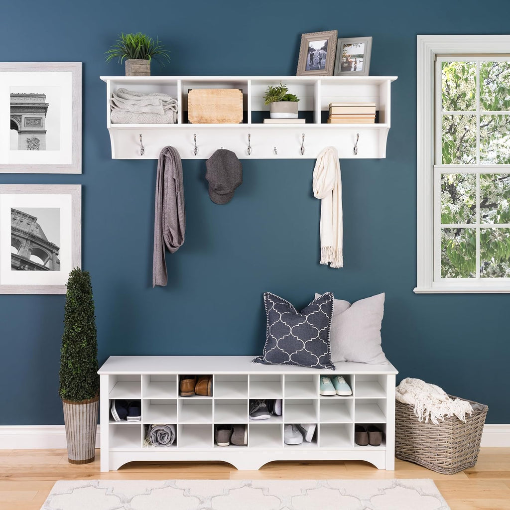 Prepac 60" Contemporary Wall Mounted Coat Rack, Coat Hooks Wall Mount with 4 Shelves, Ideal for Hallway or Entryway Storage Solution, 11.5"D x 60"W x 16.5"H, White