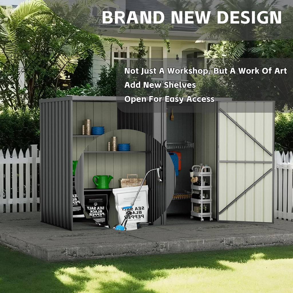 2 in 1 Metal Outdoor Storage Shed with Firewood Rack, 8×4 FT Lockable Waterproof Garden Tool Shed with Shelves, Open & Enclosed Dual-Storage Backyard Patio Shed with Sloped Roof (No Floor)