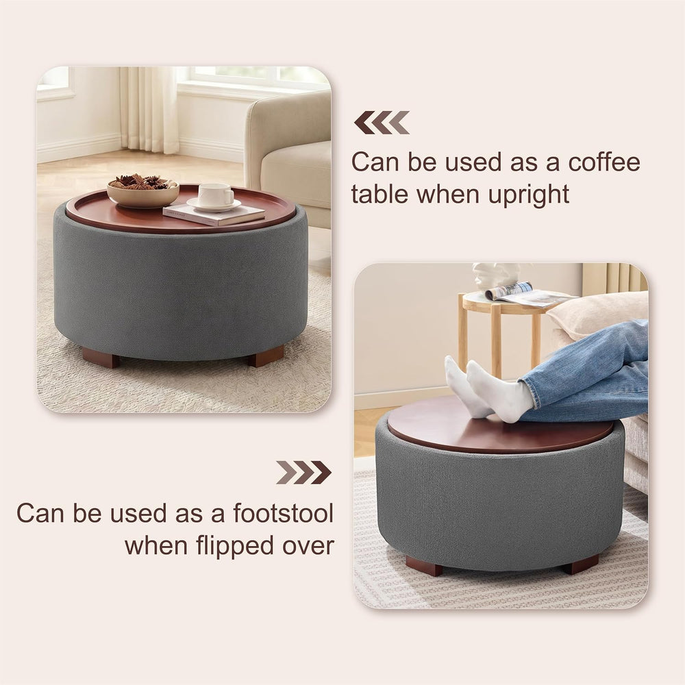 29.1 Inch Round Ottoman Coffee Table, Ottoman with Storage, Boucle Grey | Sto...