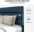 Allewie King Size Platform Bed Frame with Fabric Upholstered Headboard and Wooden Slats Support, Fully Upholstered Mattress Foundation/No Box Spring Needed/Easy Assembly, Navy Blue