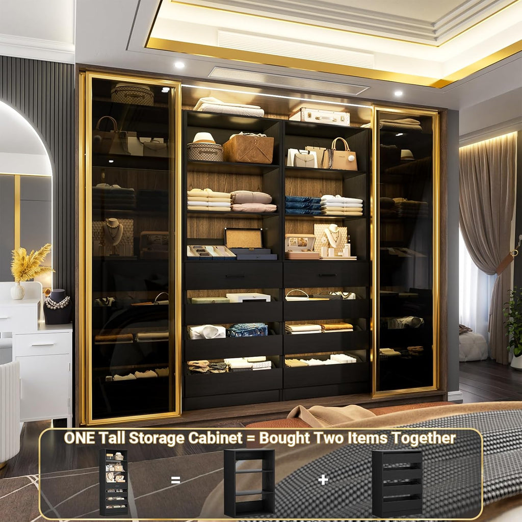 Aheaplus 21.3" Closet System with 4 Drawers, Wood Closet Organizer with Open Shelves, Modular Drawers System Tower, Walk-in Small Wardrobe Rack, Tall Storage Cabinet Unit, Black