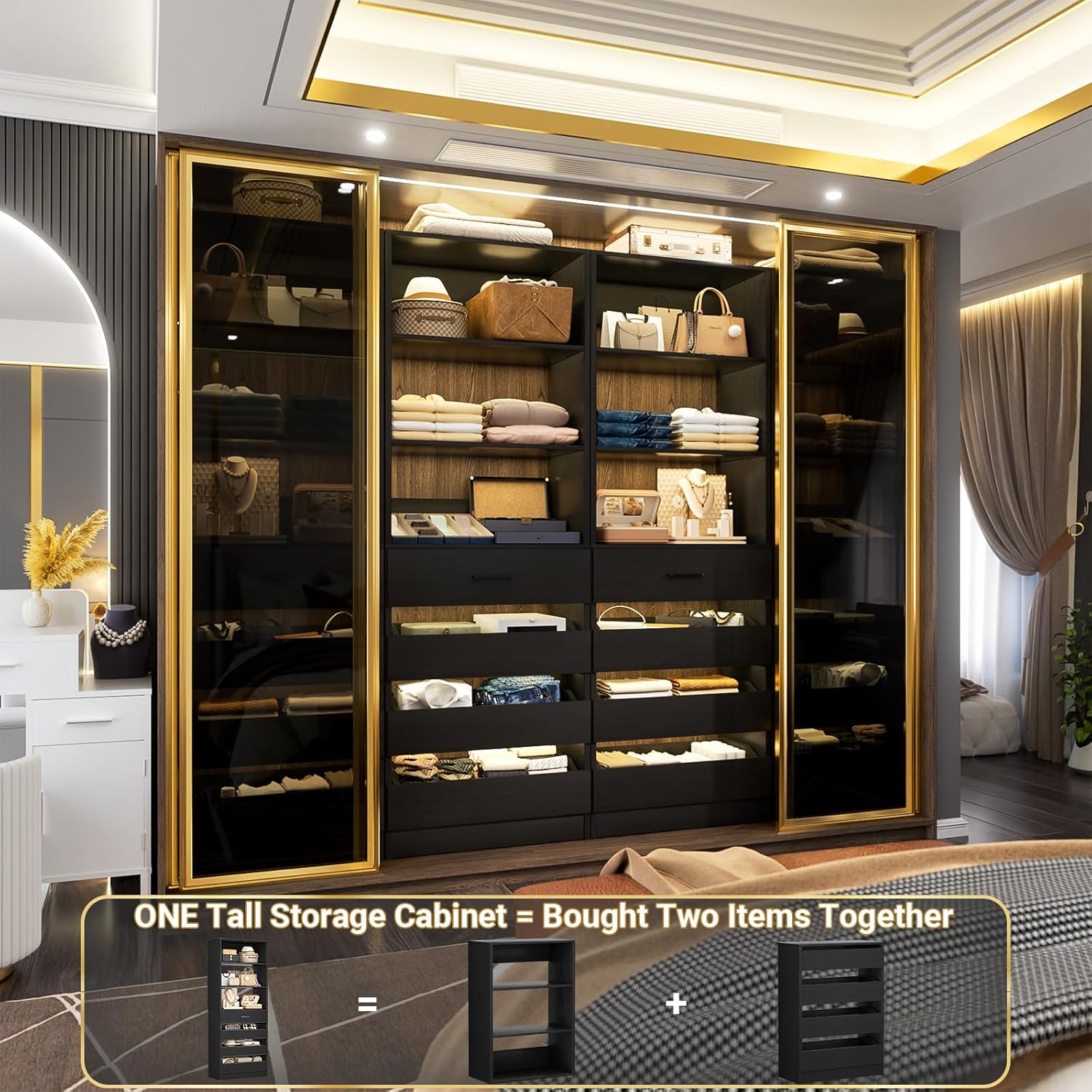 Aheaplus 21.3" Closet System with 4 Drawers, Wood Closet Organizer with Open Shelves, Modular Drawers System Tower, Walk-in Small Wardrobe Rack, Tall Storage Cabinet Unit, Black