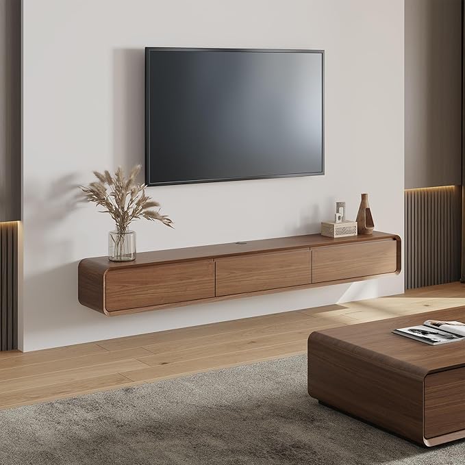 POVISON Fully-Assembled Minimalist Floating TV Stand, Modern Wall-Mounted Entertainment Center with 3 Flip-Down Cabinet Doors, Solid Wood Media Console, 70.87"