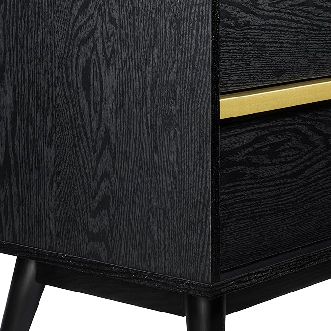 Sango Cortland 2-Drawer Nightstand, Modern Black Wood Bedside Table with Brass Handle, Wooden Legs, Sleek Mid-Century Design, Elegant Storage for Contemporary Homes