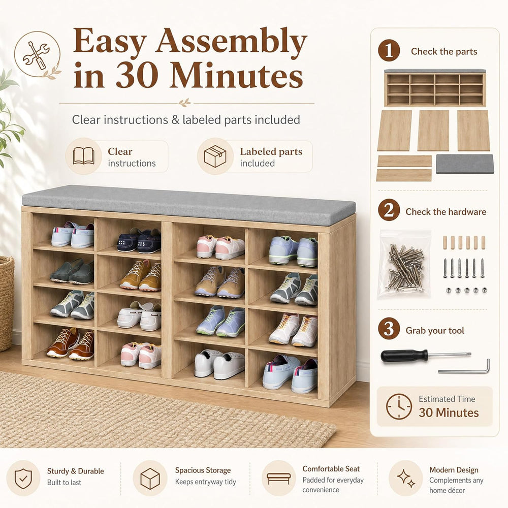 Shoe Storage Bench with Cushion, 16-Cubby Entryway Bench with Adjustable Shel...