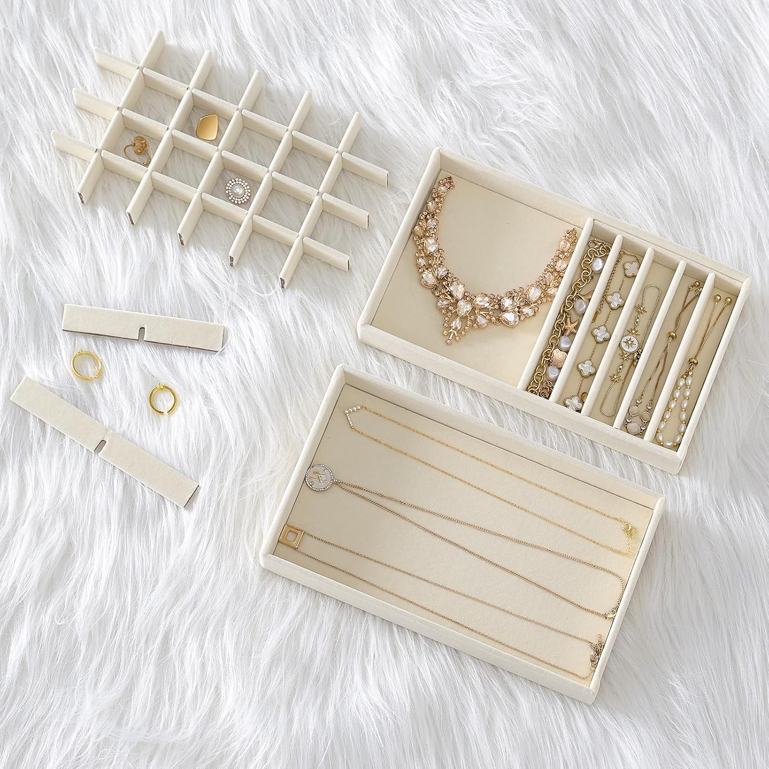 ProCase Stackable Jewelry Organizer Trays for Drawers, Jewelry Drawer Inserts Container Display Case Storage for Earring Necklace Rings Bracelet with Removable Dividers -Beige, 4 Layers