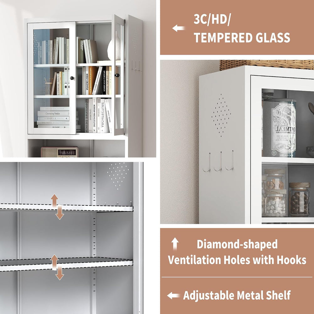 72" Tall Metal Kitchen Pantry Cabinet with Glass Doors & Adjustable ...