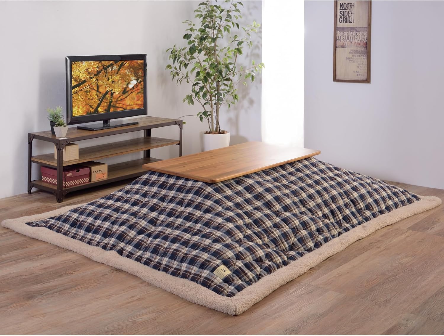 AZUMAYA Kotatsu Futon Comforter Square Shape W75 x D75 Inches, Polyester Fabric Material, Home and Living, Navy Checked Design KK-103BL, This Order Comes only Futon Comforter