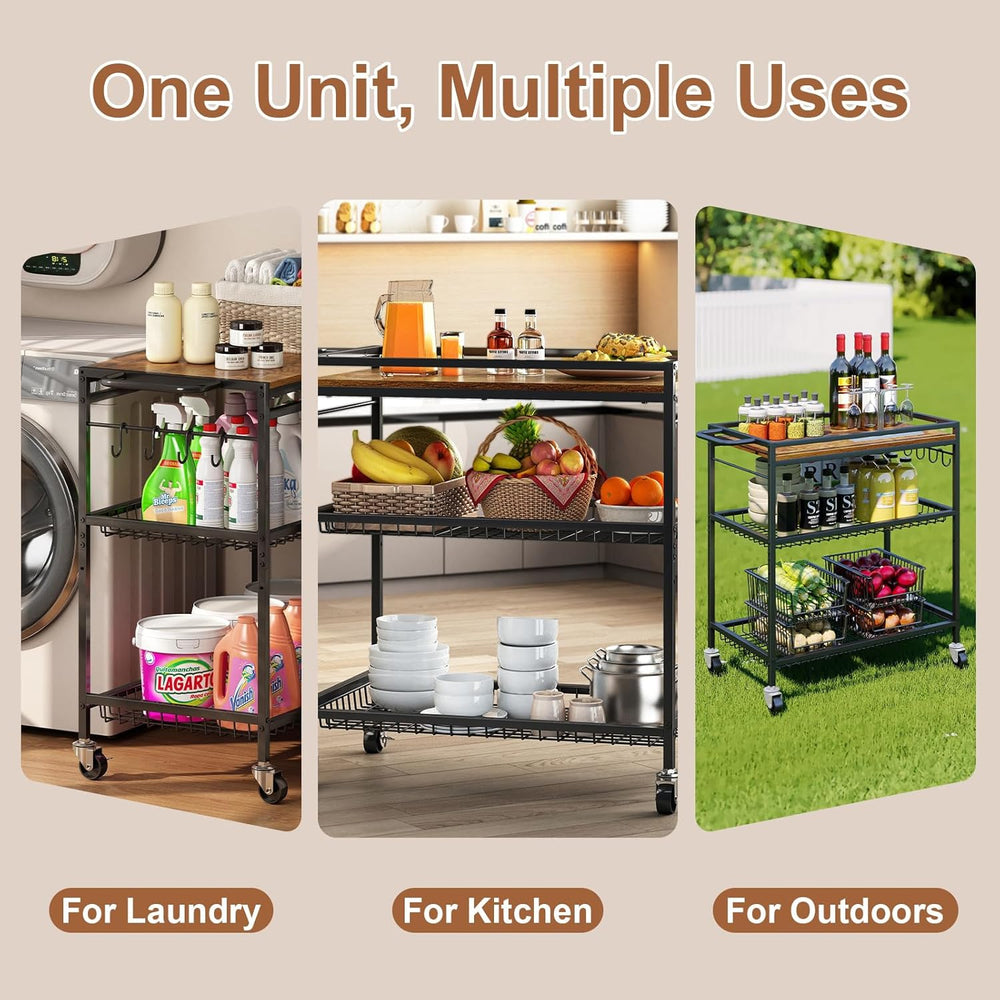 3 Tier Heavy Duty Rolling Kitchen Cart with Handle & Locking Wheels – Met...