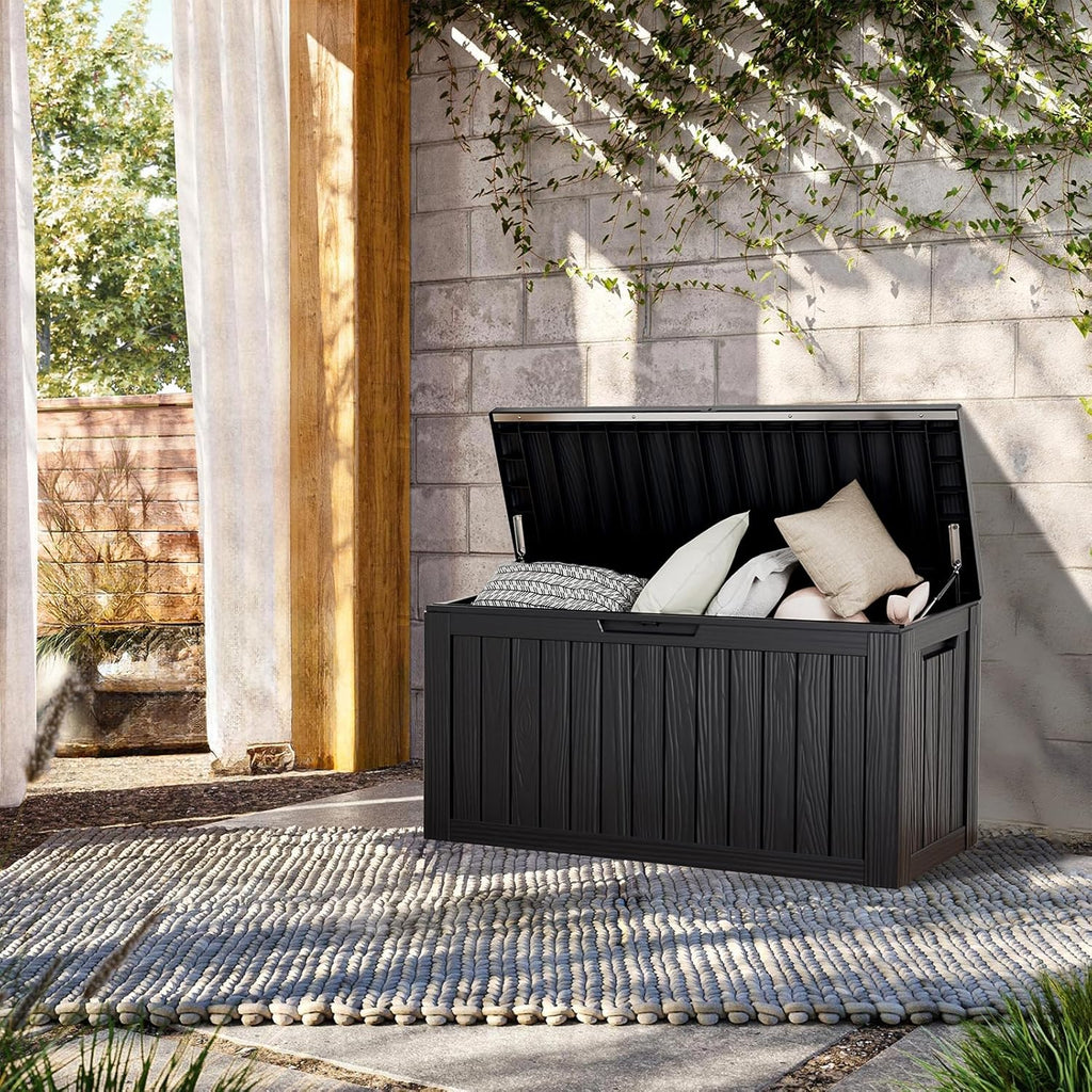 TARKARI 80 Gallon Lockable Resin Deck Box, Waterproof & UV-Resistant Outdoor Storage Box for Outdoor Cushion Storage, Garden Tools & Pool Accessories Storage, Black