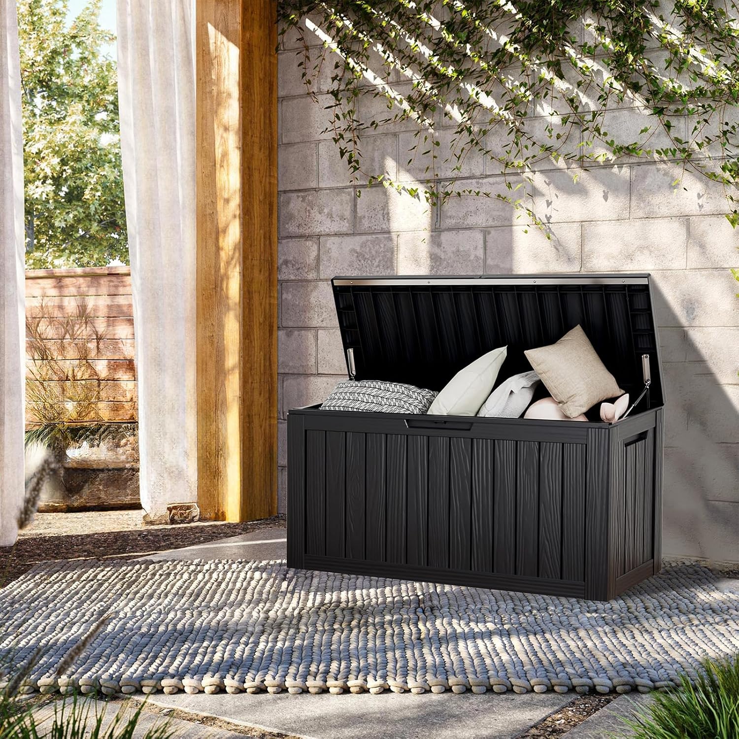 TARKARI 80 Gallon Lockable Resin Deck Box, Waterproof & UV-Resistant Outdoor Storage Box for Outdoor Cushion Storage, Garden Tools & Pool Accessories Storage, Black