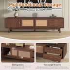 Ball & Cast Mid-Century Modern TV Stand for TVs up to 80", 70" Media Console with Rattan Sliding Doors & 2 Drawers,Solid Wood Legs,Entertainment Center w/Storage for Living Room,Bedroom,Dark Brown