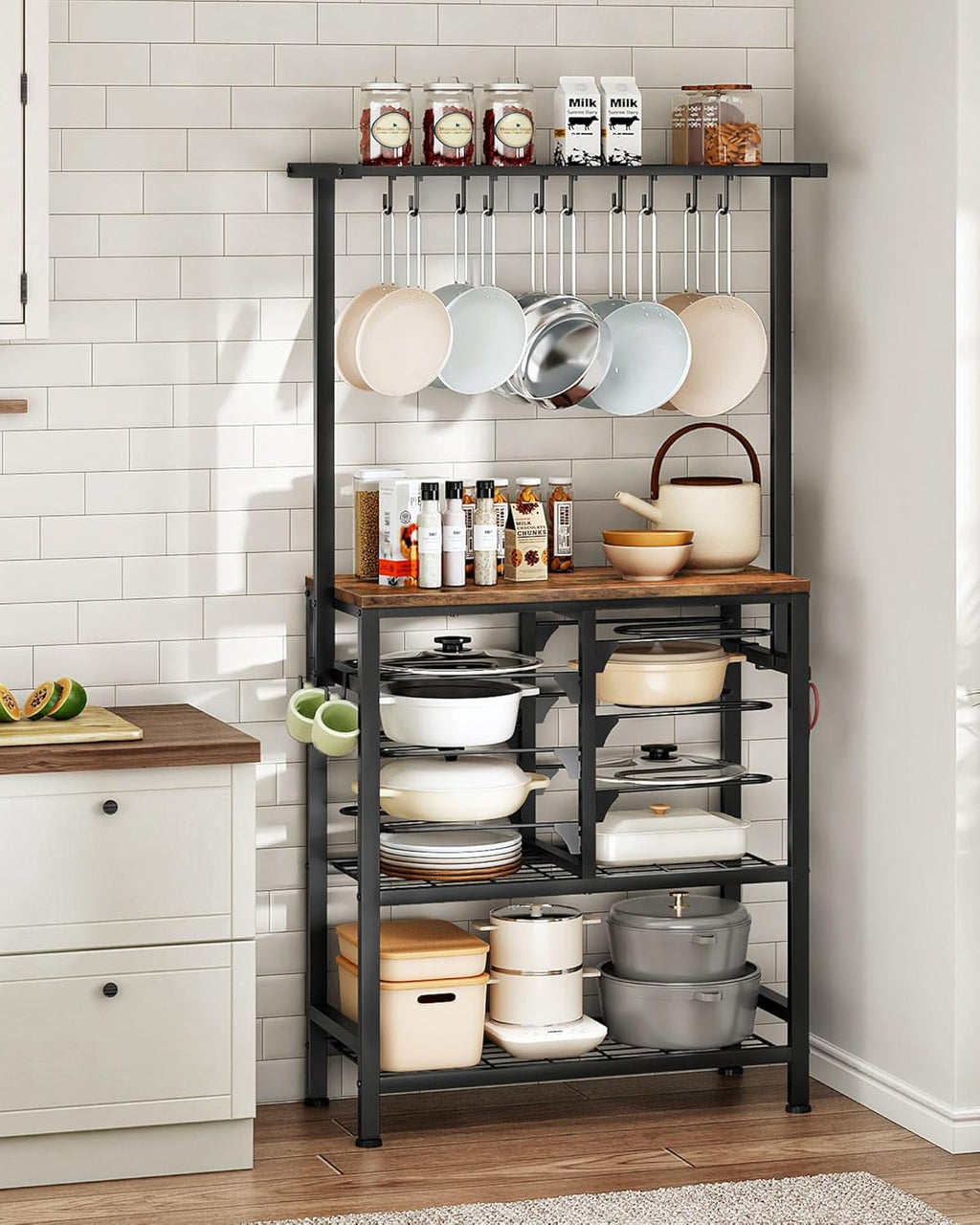 CHOEZON Pots and Pans Organizer Rack, Kitchen Bakers Rack, Multi-Tier Storage Shelf, Kitchen Island Table, Cooking Rack with Pots and Pans Storage, Rustic Brown and Black TPR60BF