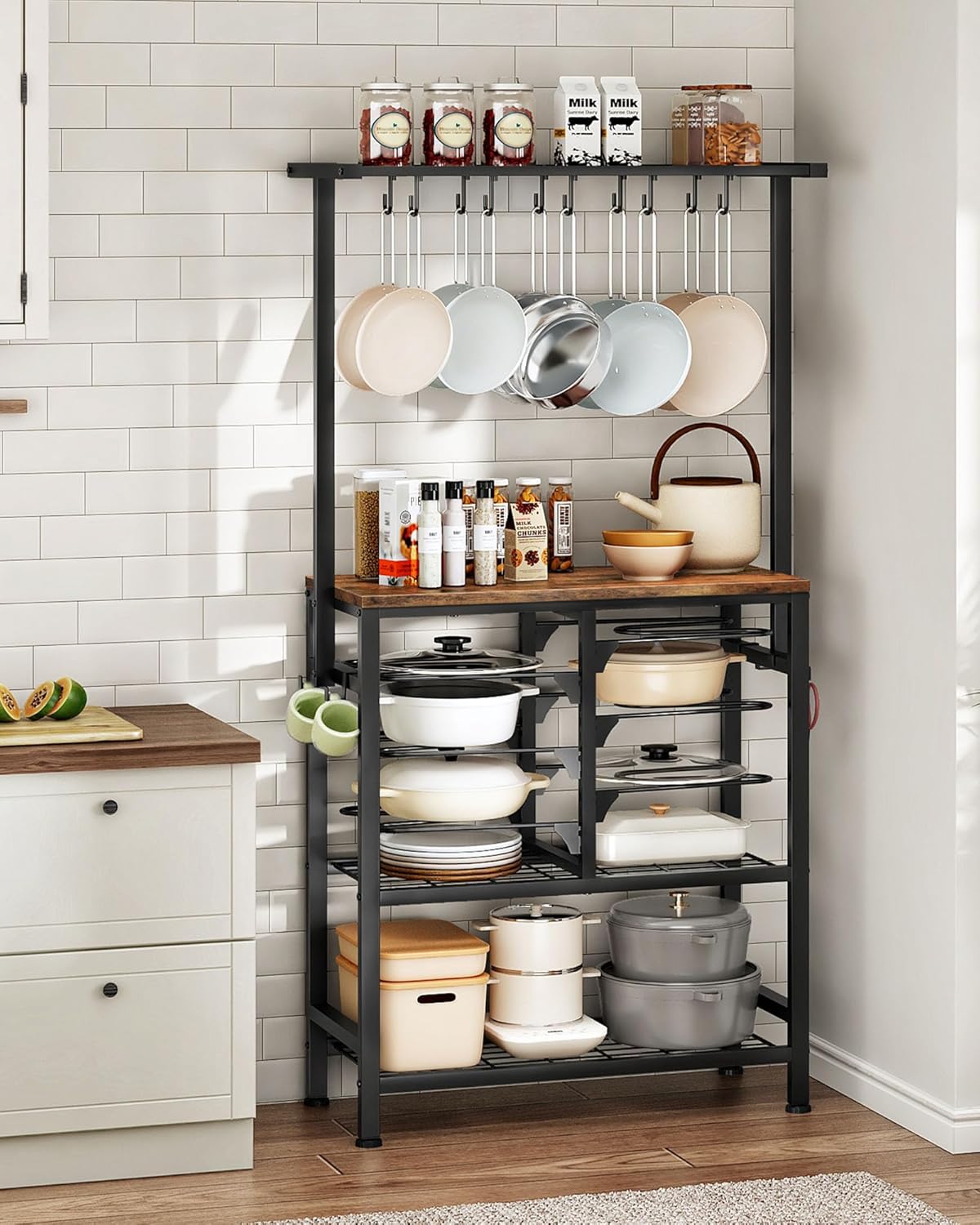 CHOEZON Pots and Pans Organizer Rack, Kitchen Bakers Rack, Multi-Tier Storage Shelf, Kitchen Island Table, Cooking Rack with Pots and Pans Storage, Rustic Brown and Black TPR60BF