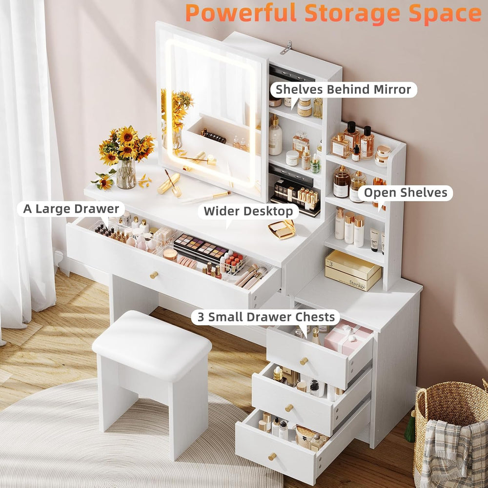 Memobarco White Makeup Vanity Desk with Sliding Mirror & 4 Drawers | Smar...
