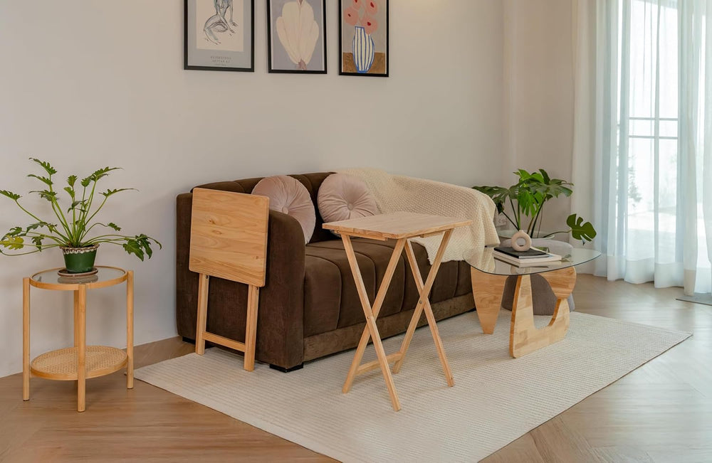 (2 Pcs) 26" Folding Tray Tables, Solid Rubberwood, Small Folding Table,N...