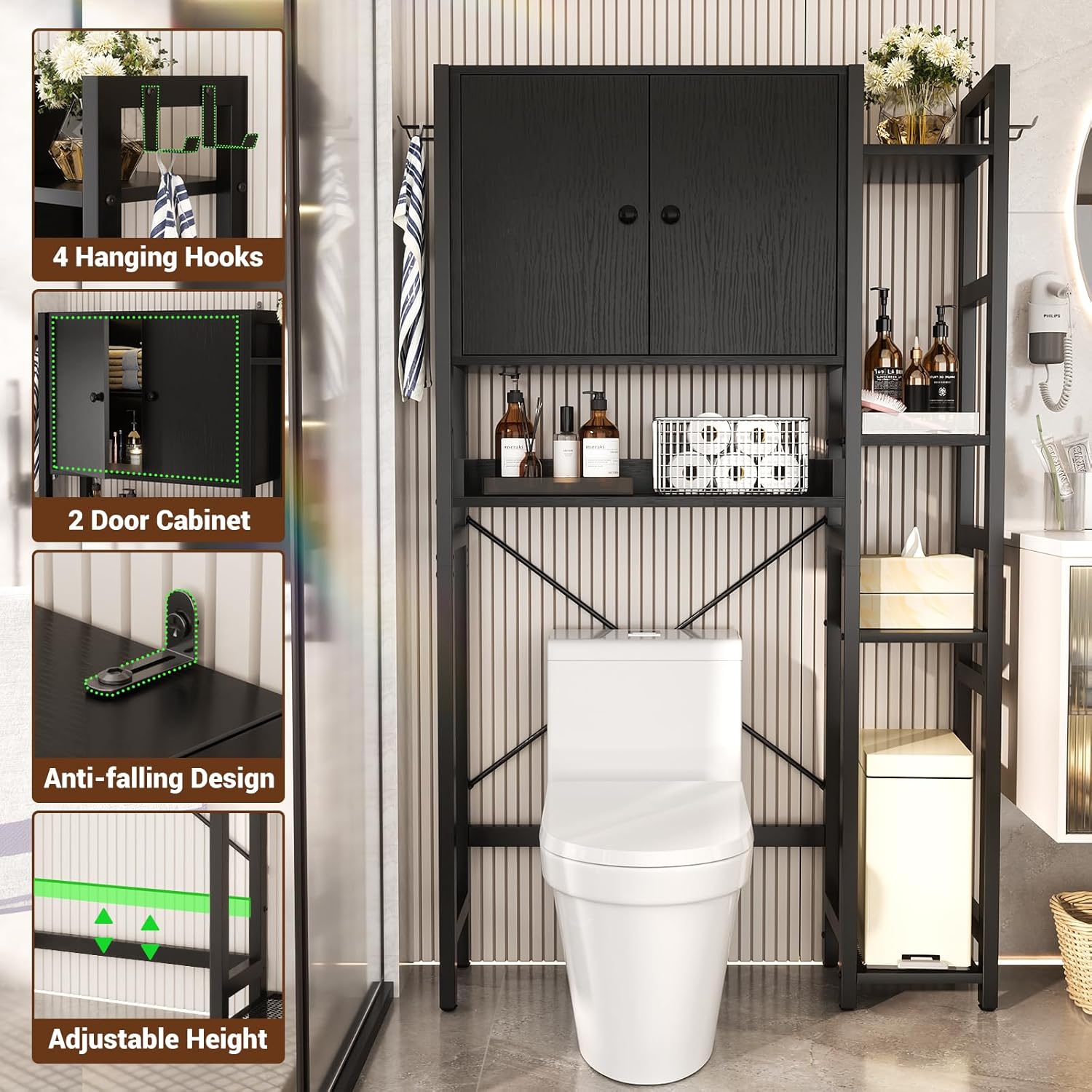Over The Toilet Storage Cabinet with Doors - 7 Tier Bathroom Organizer with Adjustable Shelf, Freestanding Space Saver Rack Above Toilet Stand with 4 Hooks for Bathroom, Restroom, Laundry, Black