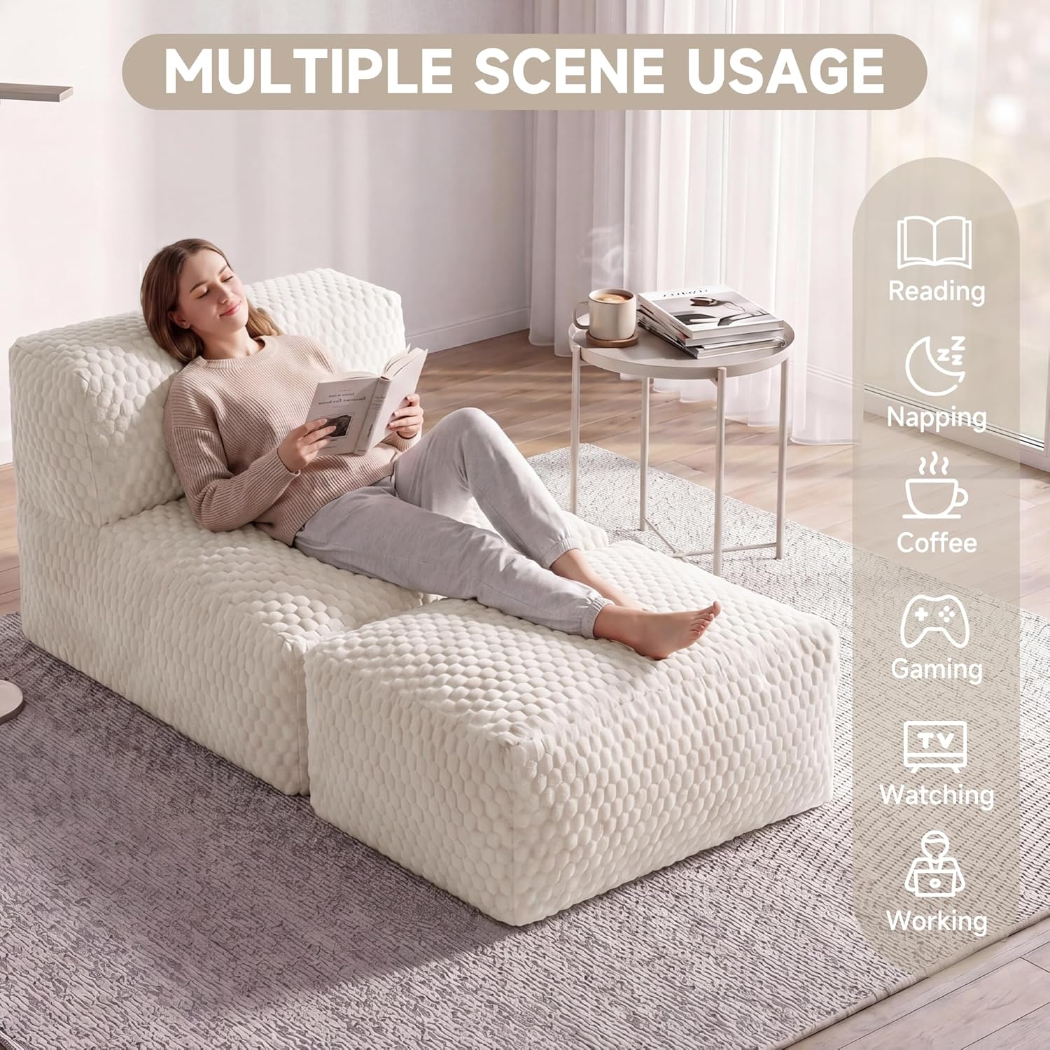 Unique Tortoise Pattern Soft Fabric Oversized Bean Bag Lounger Chair, 3-in-1 Sofa with Ottoman, Advanced Memory Foam, No Assembly for Living Room, Dorm, Bedroom(Beige)