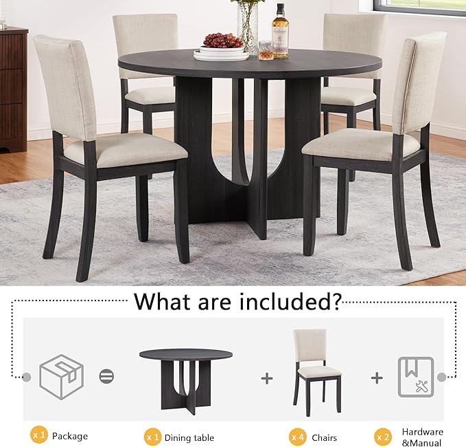 KEIKI 5-Piece Standard Height Dining Table Set with Round Table and 4 Upholstered Curved Backrset Chair, for 4 Person, Modern Wooden Table Set, Easy Assembly, for Kitchen, Dining Room, Beige+Black