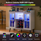 Alaxgumrol Wine Bar Cabinet with LED Light, Coffee Bar Cabinet with Storage and Outlet, Kitchen Buffet Sideboard with Wine Rack and Glass Holder, Modern Liquor Cabinets for Home Dining Room, White