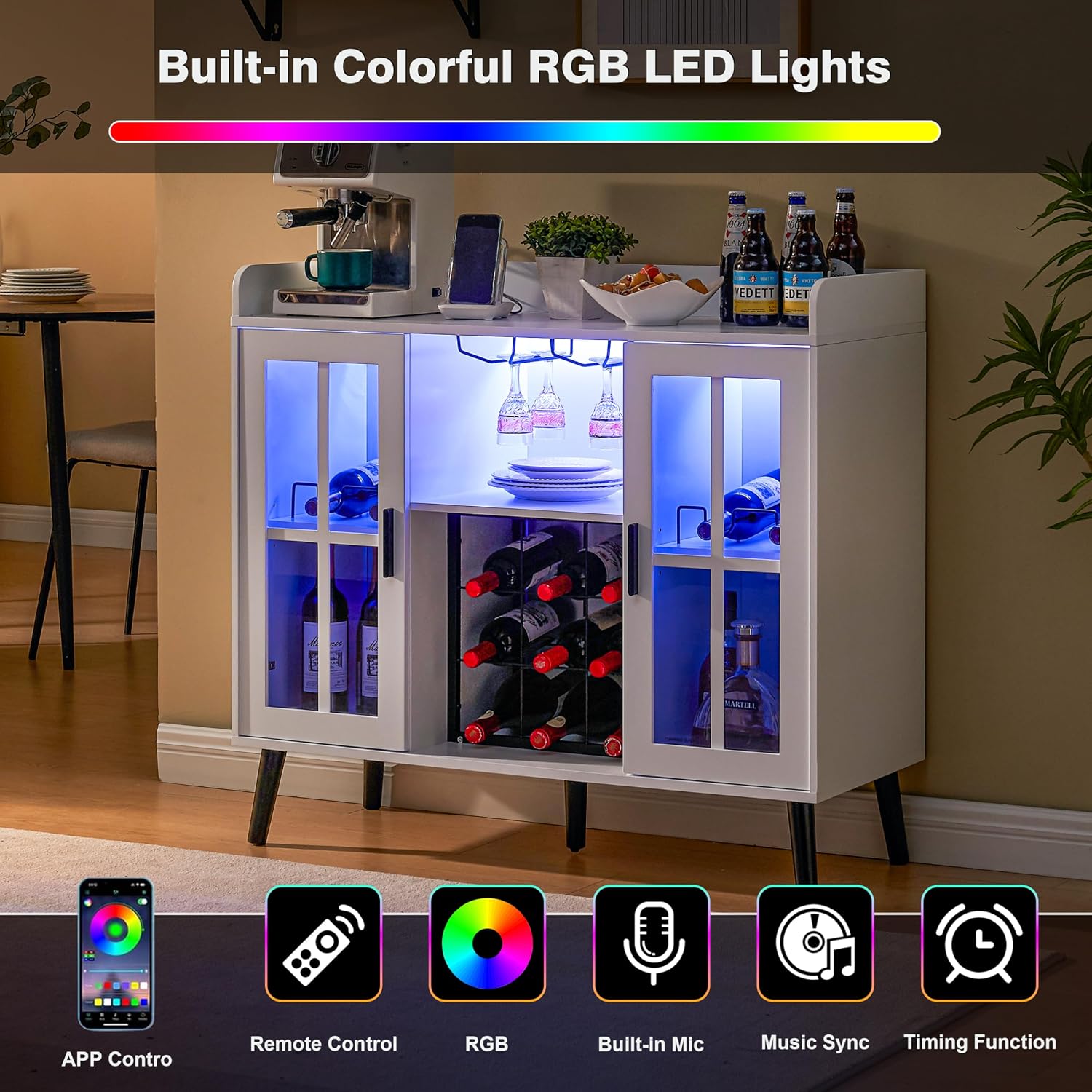 Alaxgumrol Wine Bar Cabinet with LED Light, Coffee Bar Cabinet with Storage and Outlet, Kitchen Buffet Sideboard with Wine Rack and Glass Holder, Modern Liquor Cabinets for Home Dining Room, White
