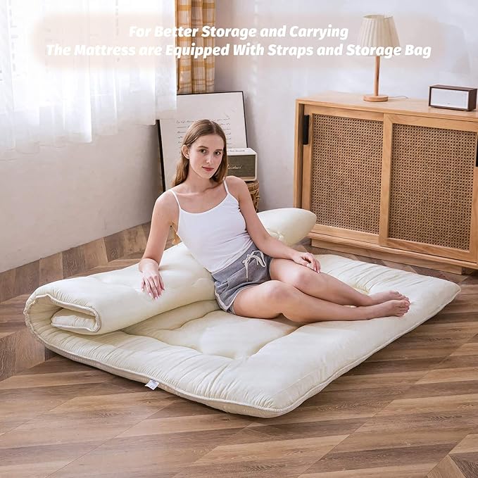 MAXYOYO Japanese Floor Mattress Futon Mattress, 4" Thicken Tatami Mat Sleeping Pad Foldable Roll Up Mat Boys Girls Dormitory Pad Kids Floor Lounger Pillow Bed, Charcoal Grey, Queen Size