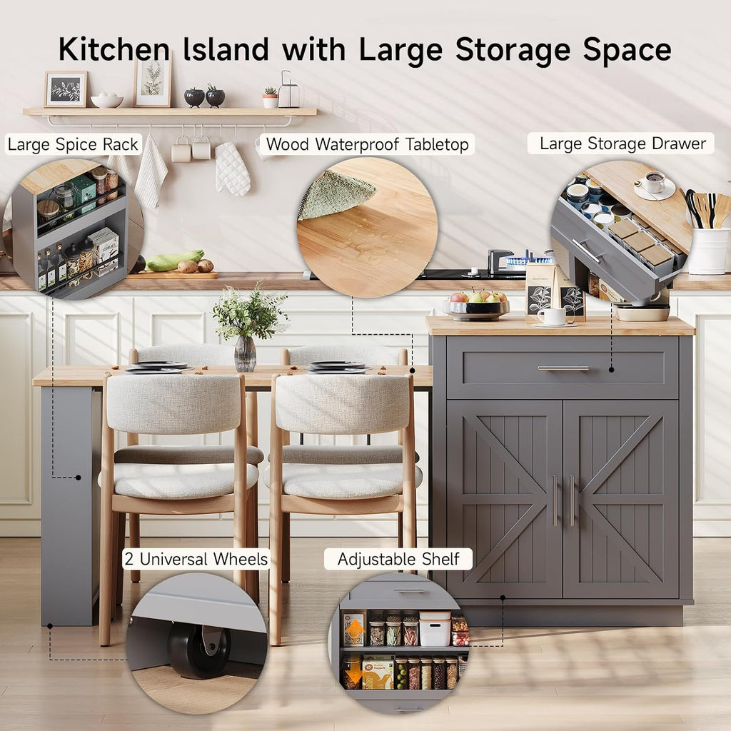ONBRILL 76" Kitchen Islands with Extendable Dining Table, 2-4 Island Table with Double-Side Storage, Mobile Storage Islands Cart with Power Outlet & Spice Rack, Grey