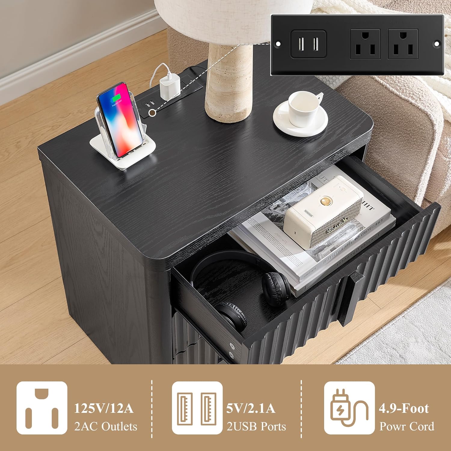 Black 23.6" Nightstand with Charging Station, Side Table with 3 Storage Drawers, Mid Century Modern Night Stand with Solid Wood Handle, Bedside End Table for Bedroom, Living Room, Closet