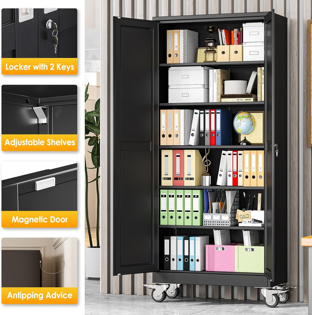 PAOFIN 75''H Metal Garage Storage Cabinet with Wheels,Steel File Cabi...