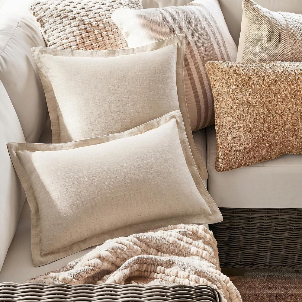 Fancy Homi 2 Pcs Linen Natural Neutral 28x28 Inch Flange Throw Pillow Cover