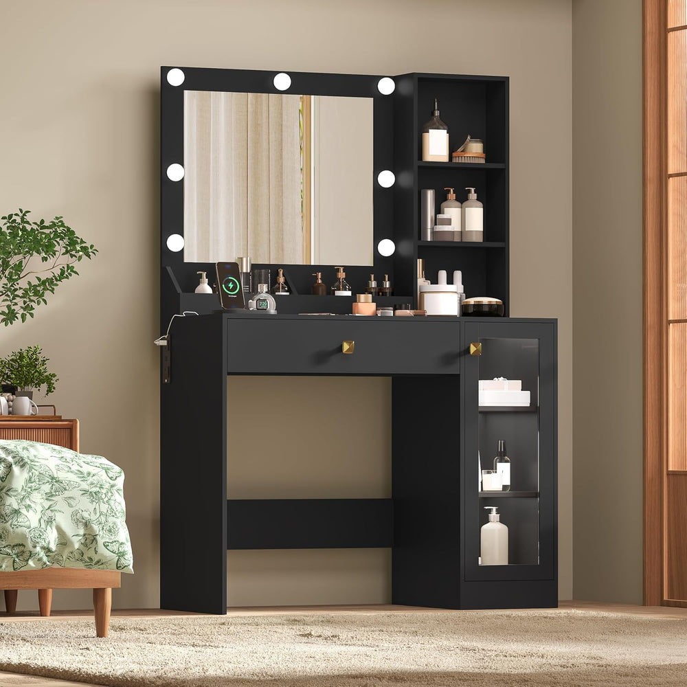 Black Vanity Desk with Mirror and Lights, 34" LED Small Vanity Table wit...