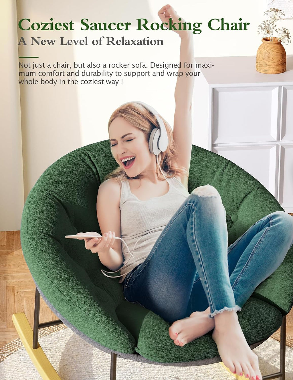 Kidirect Wide Rocking Chair Nursery, Comfy Saucer Nursery Rocking Chairs with Removable Cushion, Indoor Papasan Nursing Chair for Breastfeeding, Mecedora Para Adultos for Living Room & Bedroom (Green)