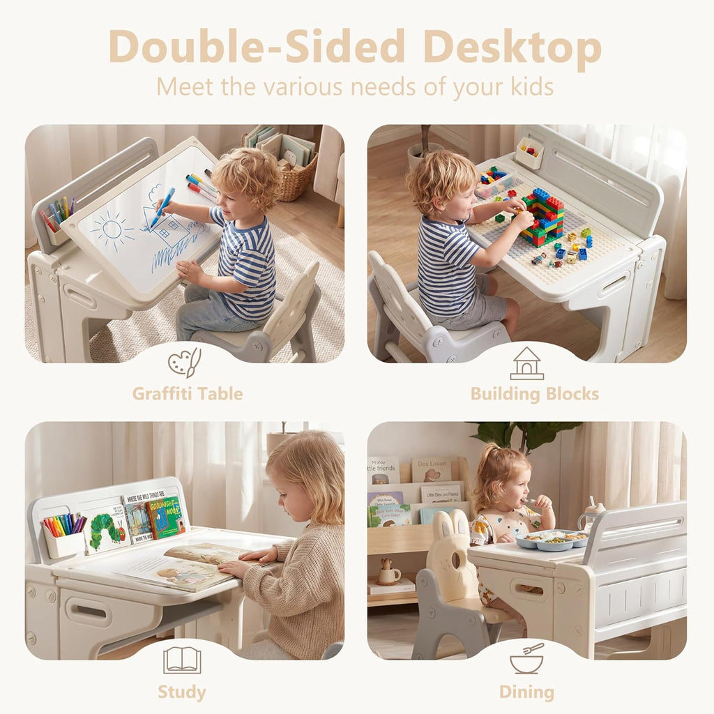 Kinder King Kids Table & Chair Set, Folding Children Activity Table w/Tilt Tabletop, Graffiti & Building Blocks, Book Stand, Storage, Toddler Furniture Set for Classroom, Daycare, Home, Age 3+, Beige