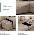 Ball & Cast 104" L-Shape Sectional Sofa with Storage Chaise and 2 Stools,Pull-Out Bed,3-Seat Chenille Reversible Couch w/Storage Armrest,for Living Room,Apartment,Cream