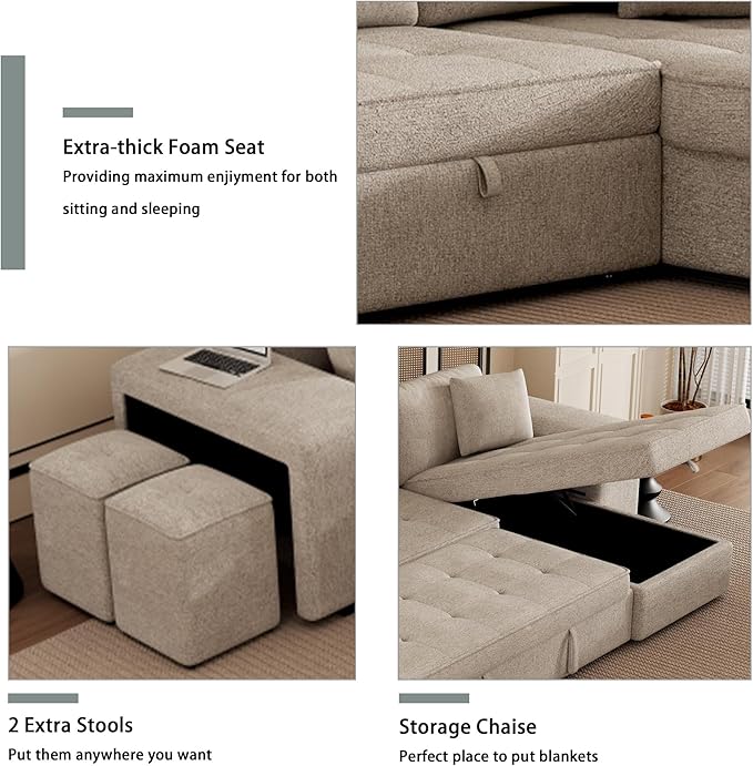 Ball & Cast 104" L-Shape Sectional Sofa with Storage Chaise and 2 Stools,Pull-Out Bed,3-Seat Chenille Reversible Couch w/Storage Armrest,for Living Room,Apartment,Cream