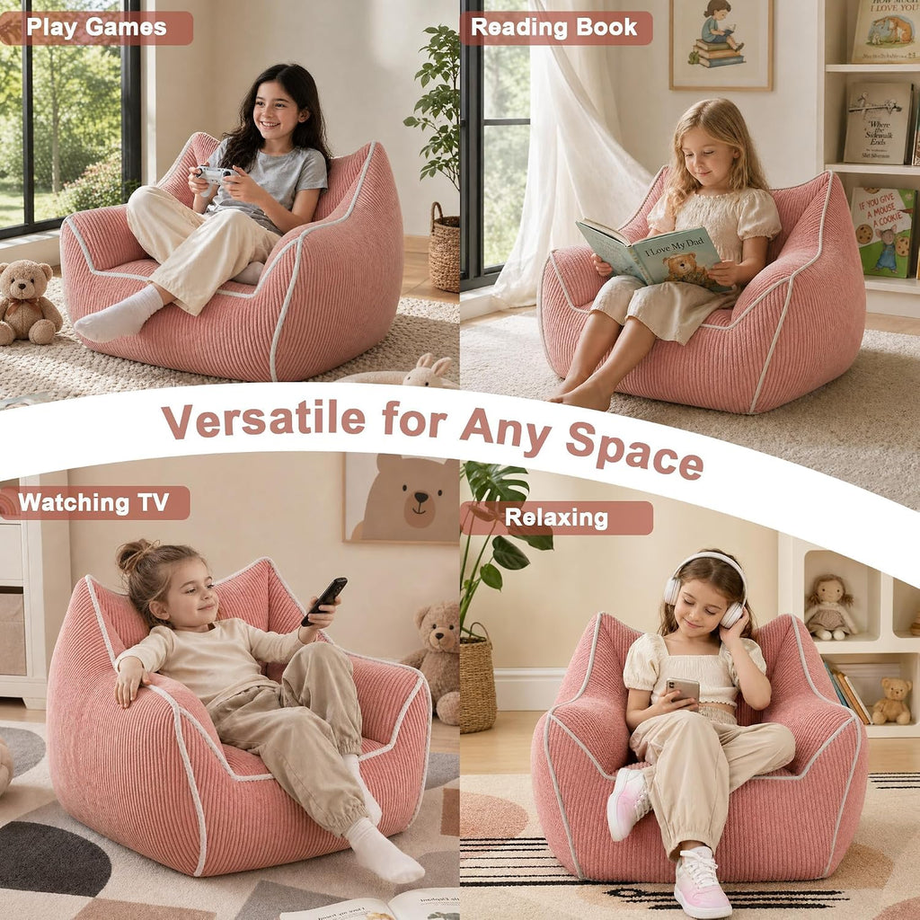 Pink Kids Bean Bag Chair, Stuffed Kids Bean Bag Sofa with Filler Corduroy Bean Bag Seat for Girls, Small Comfy Lazy Sofa Lounge Chair with Armrests and Back Support for Gaming, Reading, Pink