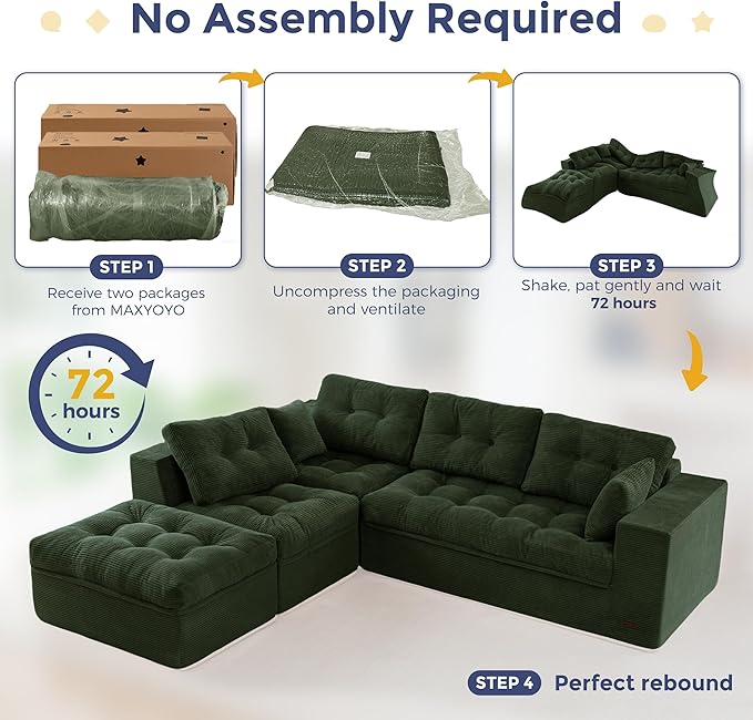MAXYOYO 132" L Shaped Modular Sectional Sofa with Ottoman, Cloud Boneless Couch with Layered Cushion, Upholstered Sofa in a Box, Flexible Module Combination for Living Room, No Assembly, Dark Green