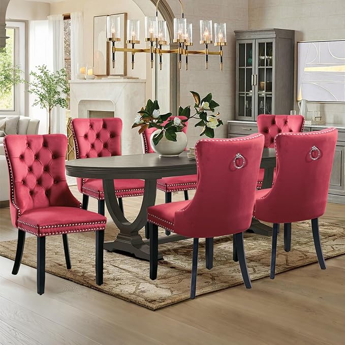 Velvet Upholstered Dining Chairs Set of 6, Modern Style Kitchen Side Chairs with Nailhead Trim and Wood Legs,Metal Pulling Ring for Dining Room Living Room(Wine Red,Set of 6)