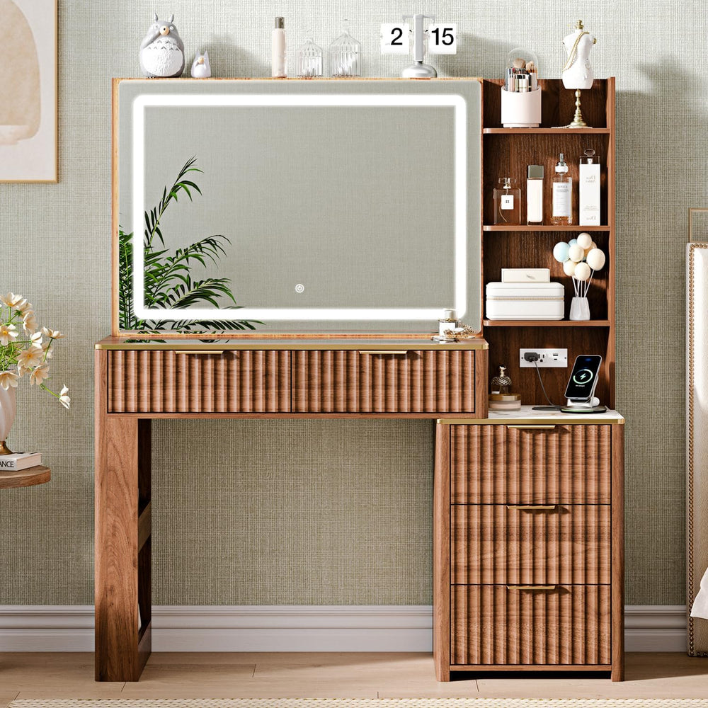 51" Vanity Desk with Power Outlet, Makeup Vanity with Mirror and Lights,...
