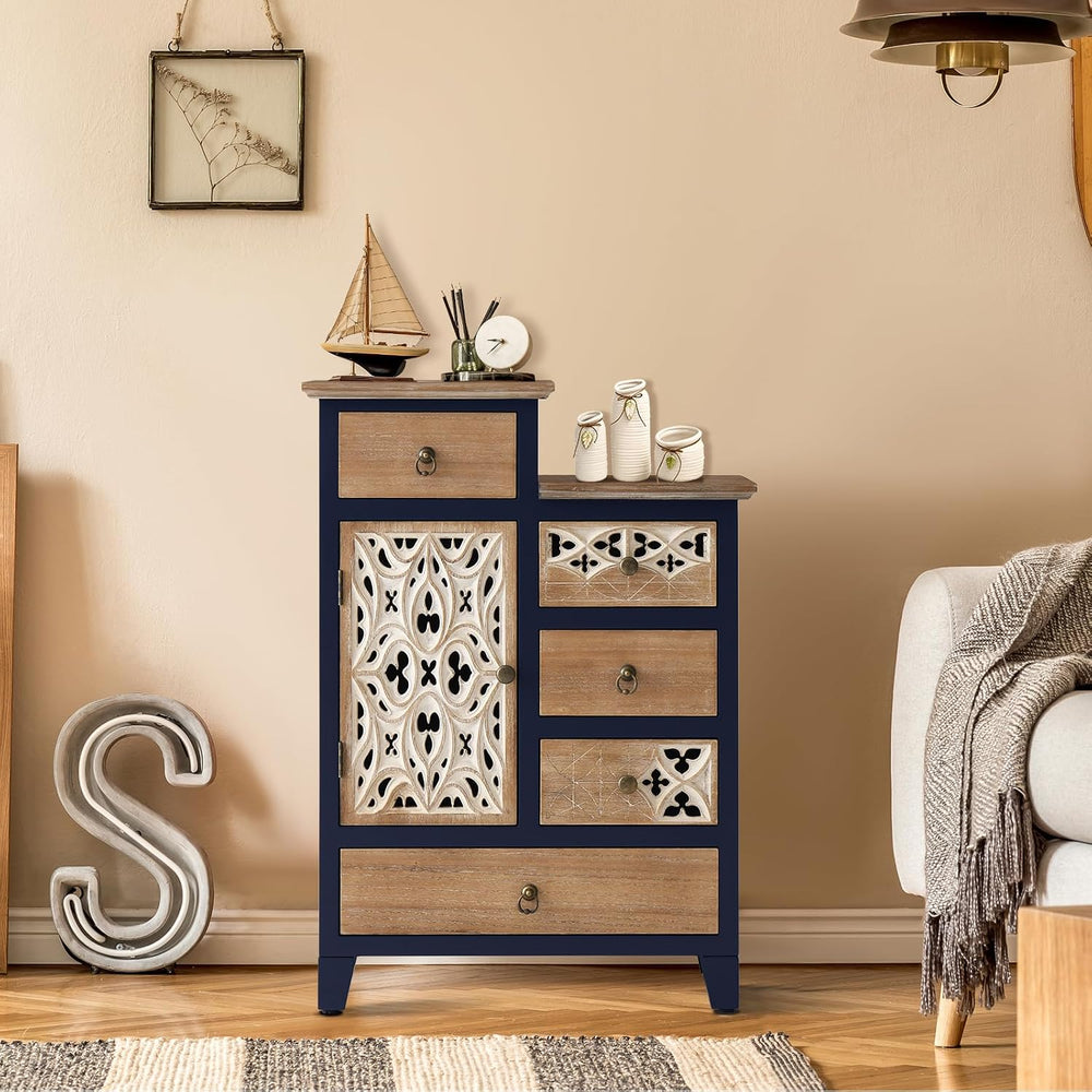 Farmhouse Accent Chest with Carved Door and 5-Drawers, Vintage Storage Cabine...