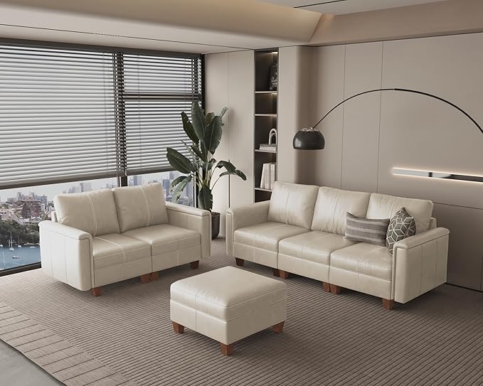 SITJOY Faux Leather Modular Sectional Sofa with Storage, Mid Century Modern Sectional Couches for Living Room, Soft Padded Armrests, 6 Seat Couch and Loveseat Sets with Ottoman, Greige