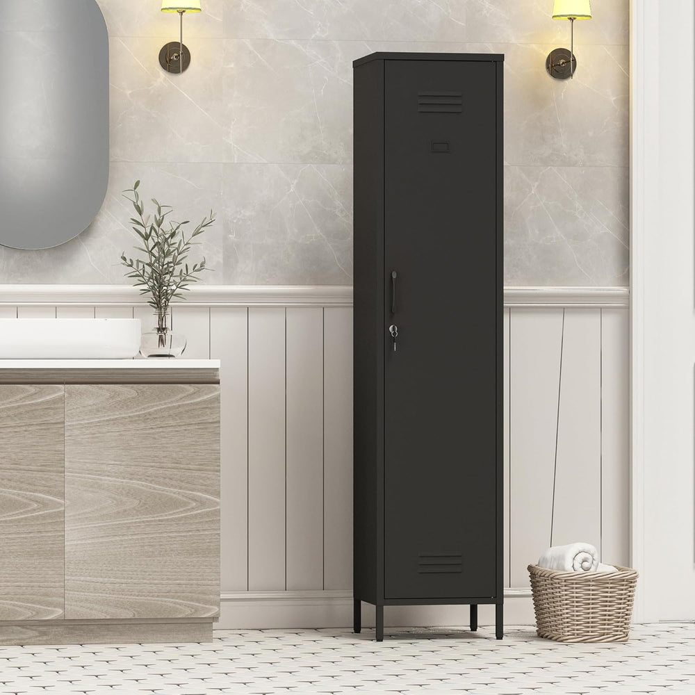 Tall Single Door Metal Locker with Adjustable Shelves, Black Tall Metal Locke...
