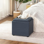 Adeco 17" H Navy Blue Storage Ottoman Cube with Tray Lid, Small Polyester Fabric Footstool with Storage, Square End Table for Living Room & Bedroom