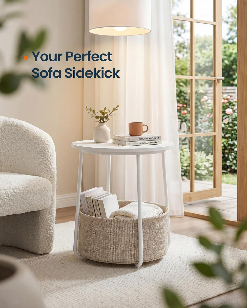 SONGMICS HOME Small Side Table, Round End Table, 2 Tier Nightstand with Baske...