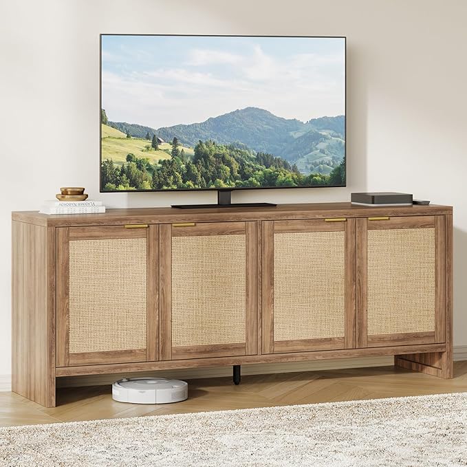 61.5" Rattan TV Stand for TVs up to 65 Inch, 4-Door Boho Entertainment Center with Reinforced Storage Shelf, Modern Media Console & Storage Cabinet for Living Room, Bedroom, Walnut