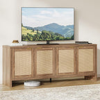 61.5" Rattan TV Stand for TVs up to 65 Inch, 4-Door Boho Entertainment Center with Reinforced Storage Shelf, Modern Media Console & Storage Cabinet for Living Room, Bedroom, Walnut