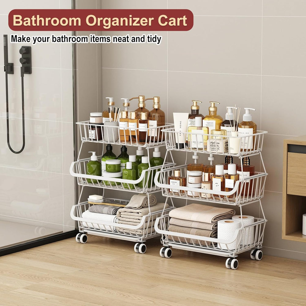3-Tier Rolling Pantry Cart with Wheels, Stackable Wire Storage Floor Organize...