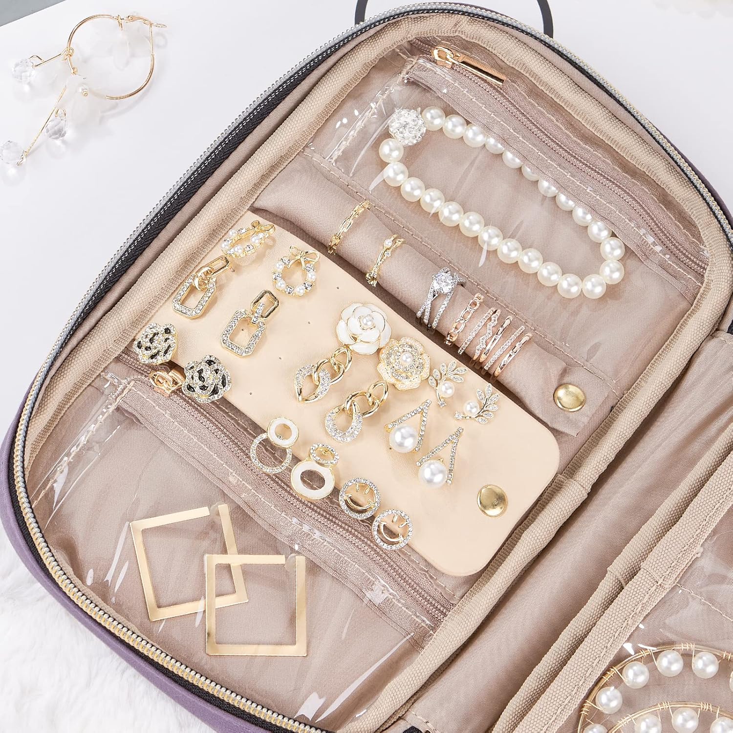 NISHEL Travel Jewelry Case, Holiday Organizer for Necklaces, Earrings, Rings, Bracelets, Watch, Purple